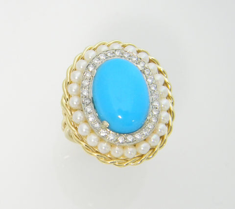 14k Yellow Gold Handmade Pearl Diamond Turquoise Ring