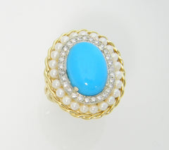 14k Yellow Gold Handmade Pearl Diamond Turquoise Ring