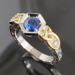 Handmade Blue Sapphire Ring with Celtic Knot and Engraving