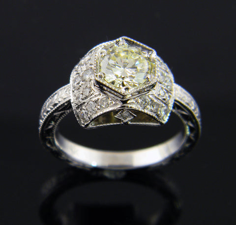 Ladies 14k White Gold Engraved Handmade Diamond Pava Ring