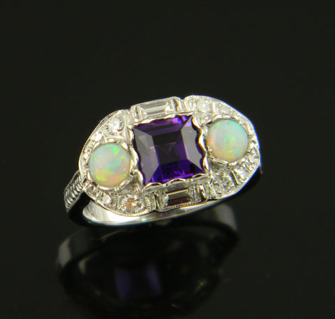 Amethyst, Opal, and Diamond Custom Design Mother Ring 14k White Gold
