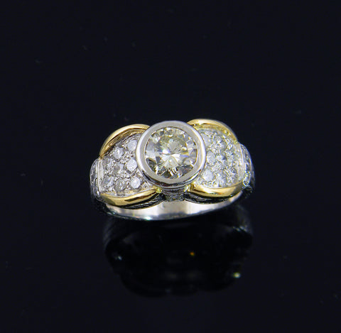 Platinum and 18k Yellow Gold Bezel Set Pave Ring