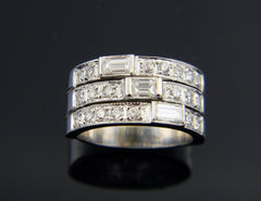 14K White Gold Three Row Diamond and Baguette Ring