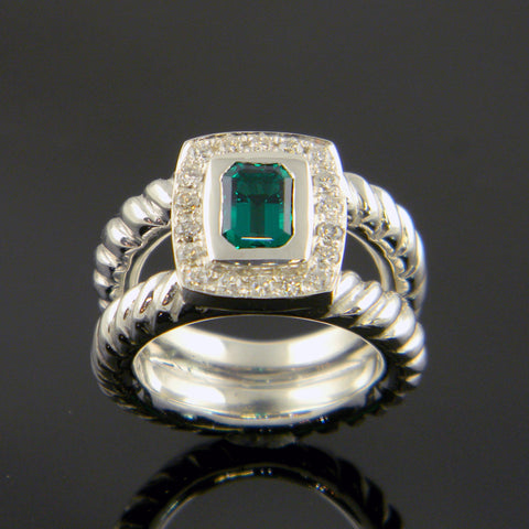 Continuum Silver Emerald and Diamond Cushion Shaped Ring
