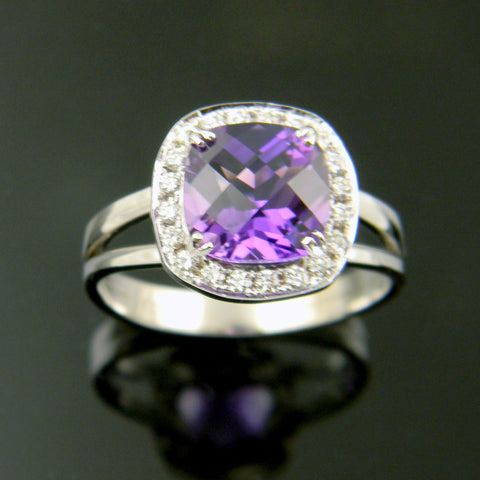 14K White Gold Antique Cushion Cut Amethyst Halo Ring