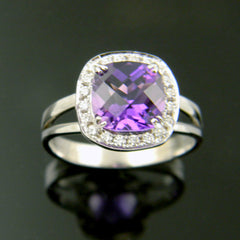 14K White Gold Antique Cushion Cut Amethyst Halo Ring 