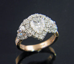 Pear Shaped Diamond Handmade Engraved 14k Rose and White Gold Engagement Ring