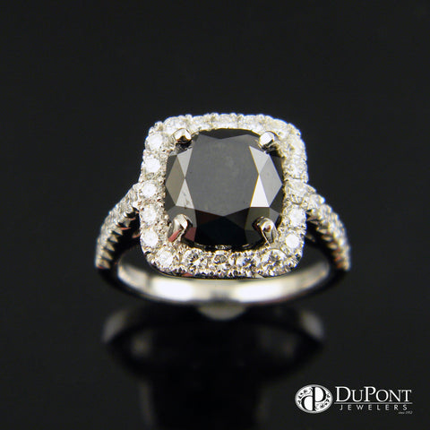 Cushion Shaped Black Diamond Halo Handmade Engagement Ring