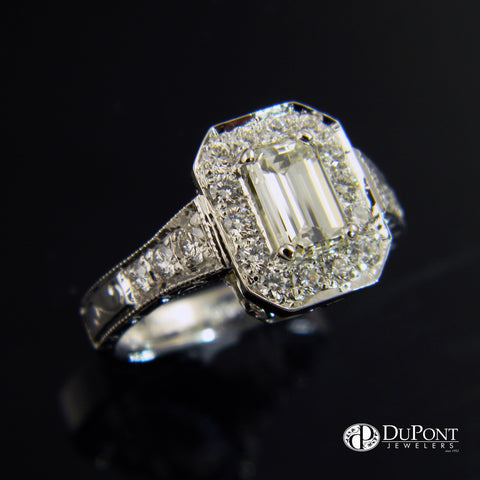 14k White Gold Emerald Cut Diamond Halo Handmade Engraved Engagement Ring