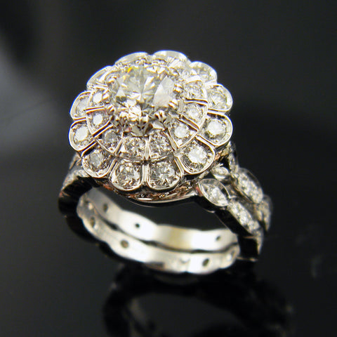 14k White Gold Handmade Engagement Ring with Rose Gold Pave'