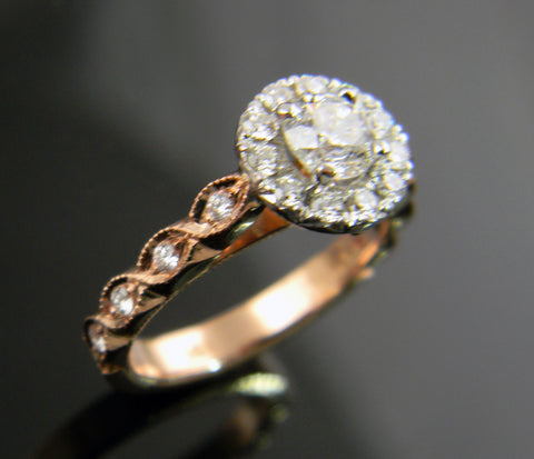 Rose Gold Halo Marquise Style Engraved Band Engagement Ring