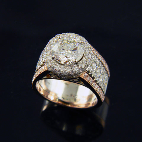 Handmade Diamond Engagement Ring with Pava' Sides and Rose Gold Diamond Trim