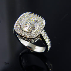 14k White Gold Handmade Engagement Ring with 3 Carat Center and Diamond Halo