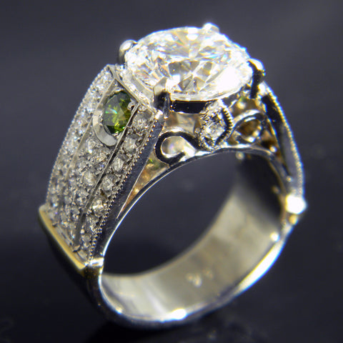 Diamond Ring with 3 Carat Center Round Brilliant Cut Diamond Pave' Sides