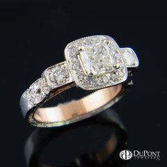 Three Diamond Halo Engrave 14k White and Rose Gold Ring