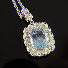 Cushion Shaped Aquamarine with Diamonds Pendant