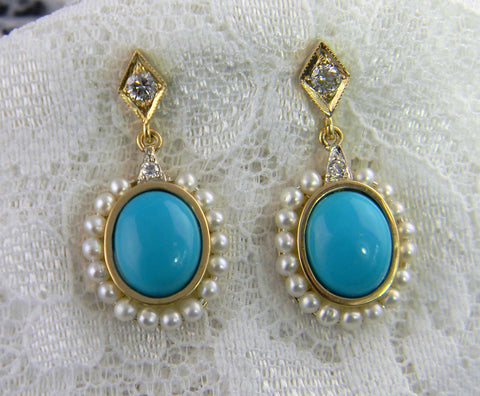 Turquoise Diamond and Pearl Earrings
