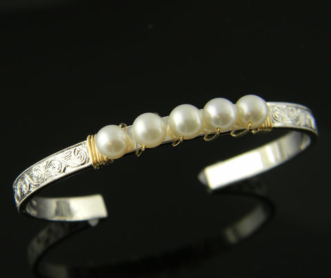 Pearl Hand Engraved Sterling Silver and 14K Yellow Gold Bracelet